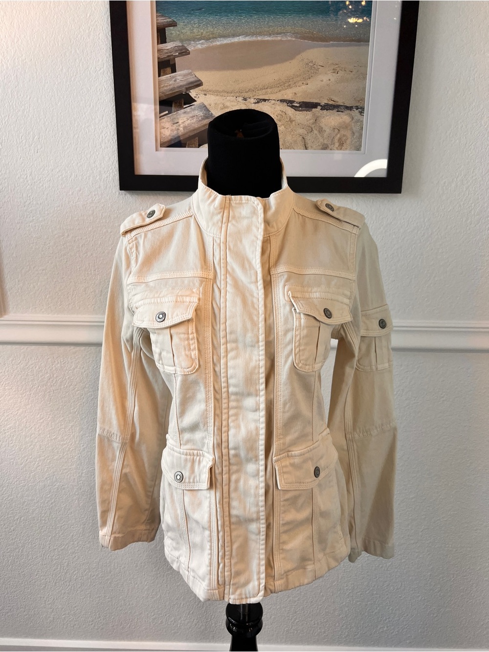Women's Kenzie Jeans Cream Utility Jacket with Multiple Pockets